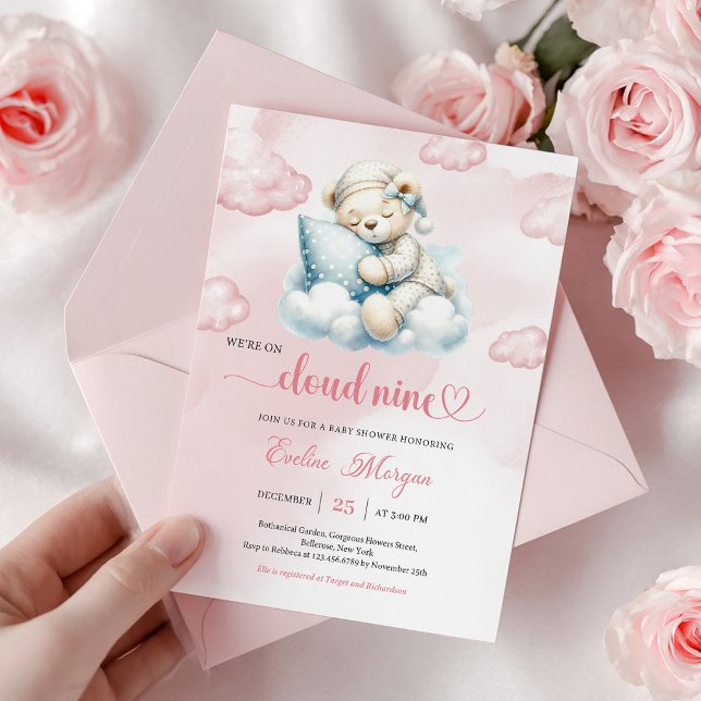 Söt Teddybjörn Baby Shower Inbjudan Cloud 9 Tema (Cute Teddy Bear Baby Shower Invite Cloud 9 Theme)