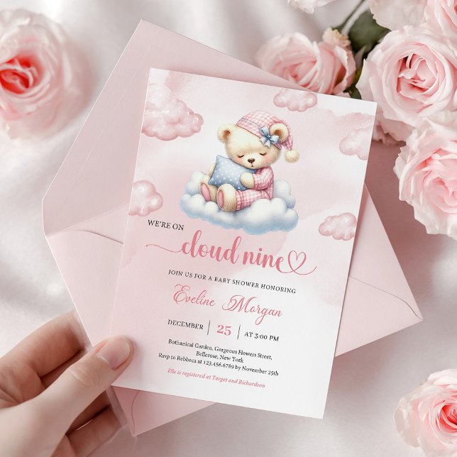 Söt Teddybjörn Baby Shower Inbjudan Cloud 9 Tema (Sweet Teddy Bear Baby Shower Invite Cloud 9 Theme)