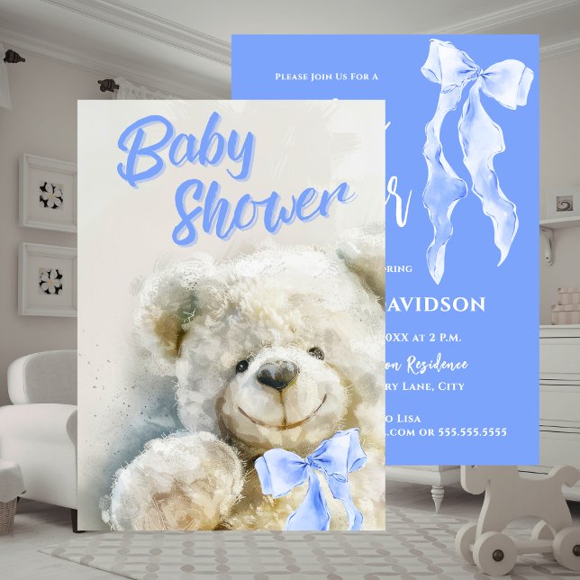 Söt Teddybjörn - Baby Shower Inbjudningar (Baby Shower Cute Bear Blue Ribbon Invitation)