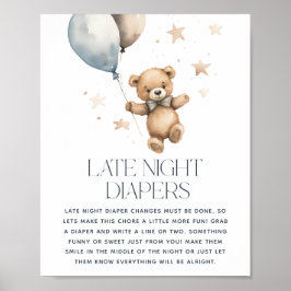 Söt Teddybjörn Baby Shower 'Sen Kväll Blöja' Poster