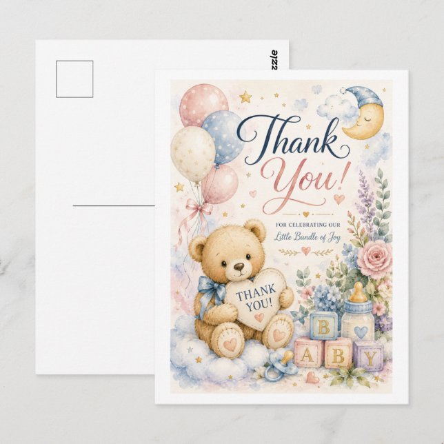 Söt Teddybjörn Baby Shower Tacksamhetskort Vykort (Fram/baksida)