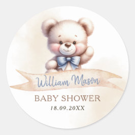Söt Teddybjörn Baby Shower Watercolor Modern Runt Klistermärke