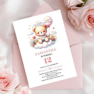 Söt teddybjörn ballong blommor flicka födelsedag inbjudningar