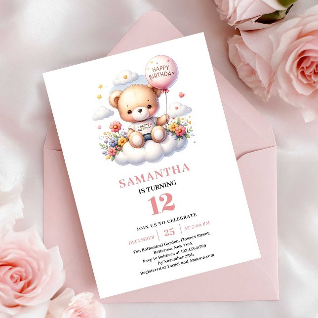Söt teddybjörn ballong blommor flicka födelsedag inbjudningar (Sweet teddy bear balloon flowers girl birthday invitation

)