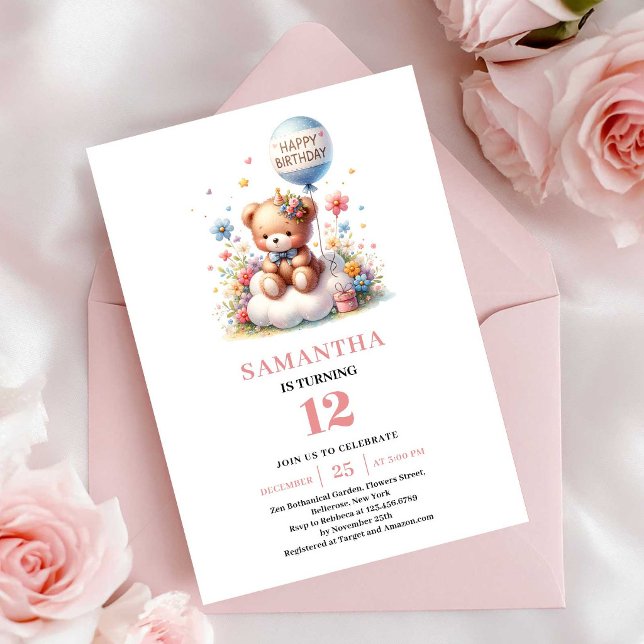 Söt teddybjörn ballong blommor flicka födelsedag inbjudningar (Pretty teddy bear balloon flowers girl birthday invitation

)