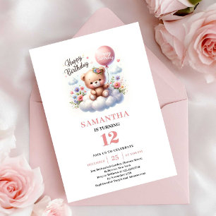 Söt teddybjörn ballong blommor flicka födelsedag inbjudningar