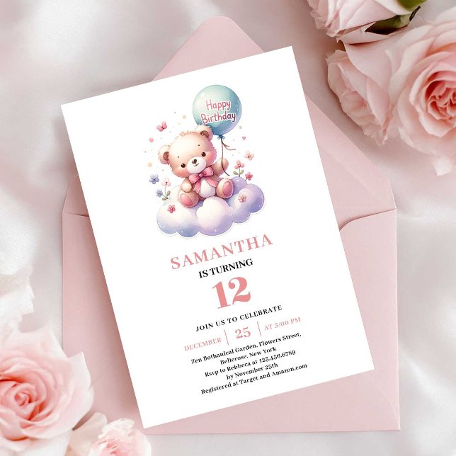 Söt teddybjörn ballong flicka födelsedagsinbjudnin inbjudningar (Adorable teddy bear balloon girl birthday invitation

)