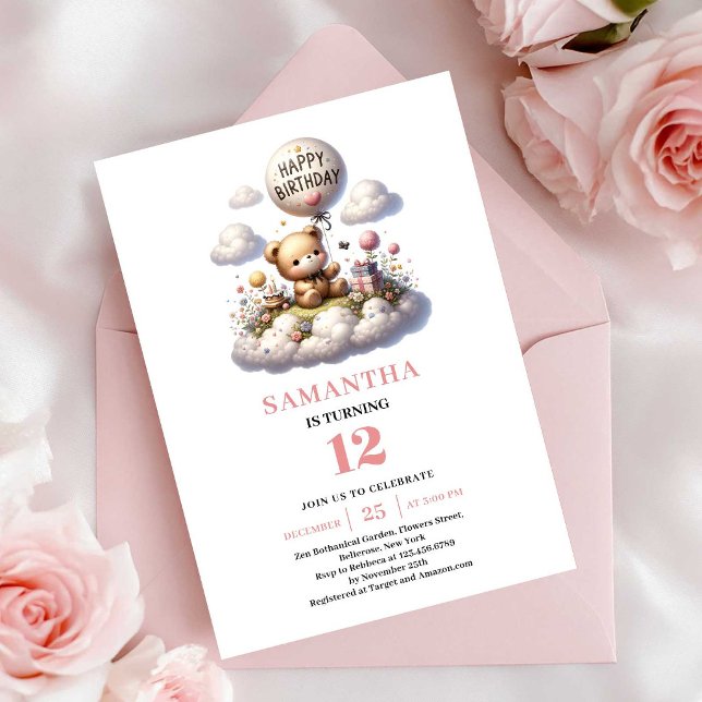 Söt teddybjörn ballongkonst flicka födelsedagsinbj inbjudningar (Lovely teddy bear balloon art girl birthday invitation

)