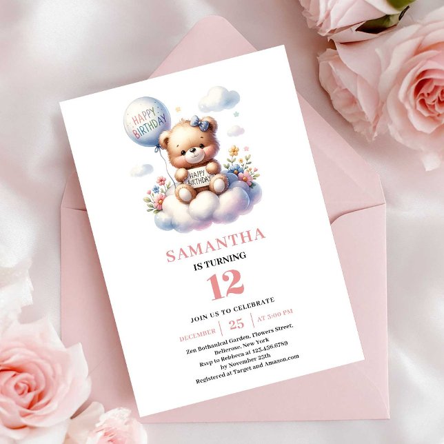 Söt teddybjörn ballongtema flicka födelsedag inbjudningar (Sweet teddy bear balloon theme girl birthday invitation

)