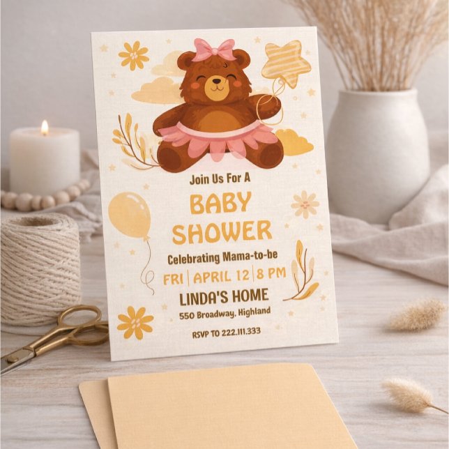 Söt Teddybjörn Bebisdopp Invitation för Flickor Inbjudningar (Skapare uppladdad)