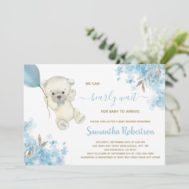Söt teddybjörn blå ballong pojke baby shower   inbjudningar (Stående Fram)