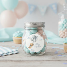 Söt teddybjörn Blå ballonger Moln Baby Pojke Runt Klistermärke