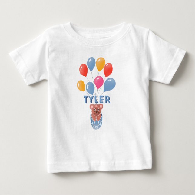 Söt Teddybjörn Blå Ballonger Pojknamn T Shirt (Framsida)