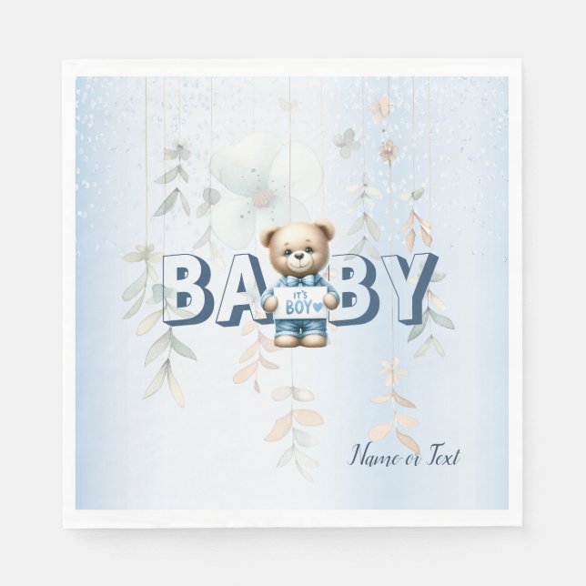 Söt teddybjörn Blå blommig fest Pappersservett (Framsidan)