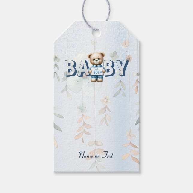 Söt teddybjörn Blå blommig vacker fest Presentetikett (Framsidan)
