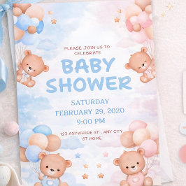 Söt Teddybjörn & Blå Rosa Ballong Bebis Shower Inbjudningar