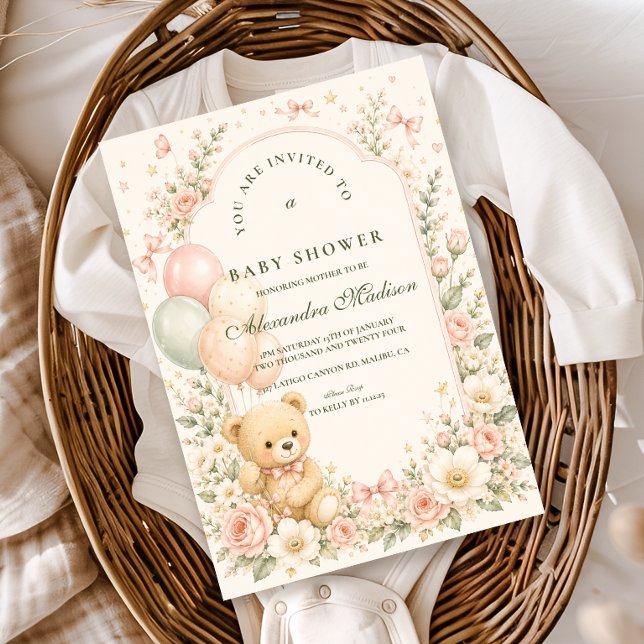 Söt Teddybjörn Blommig Bebis-babyshower Inbjudningar (Skapare uppladdad)