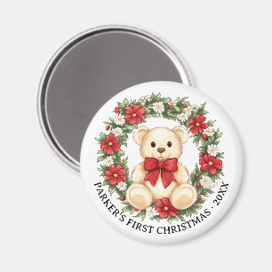 Söt teddybjörn blomsterkrans Baby första jul Magnet