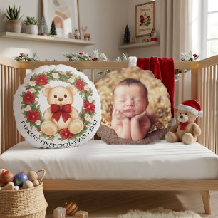 Söt teddybjörn blomsterkrans Baby Första Jul Rund Kudde