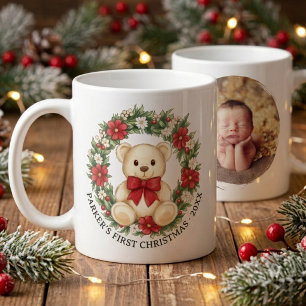 Söt teddybjörn blomsterkrans Baby Första julen Kaffemugg