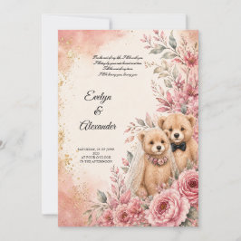 Söt Teddybjörn Brud och Brudgumme Rosa Blommig Inbjudningar