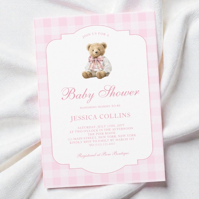 Söt Teddybjörn Coquettebåge Rosa Flickas Bebisfest Inbjudningar (Cute Teddy Bear Coquette Bow Pink Girl Baby Shower Invitation)