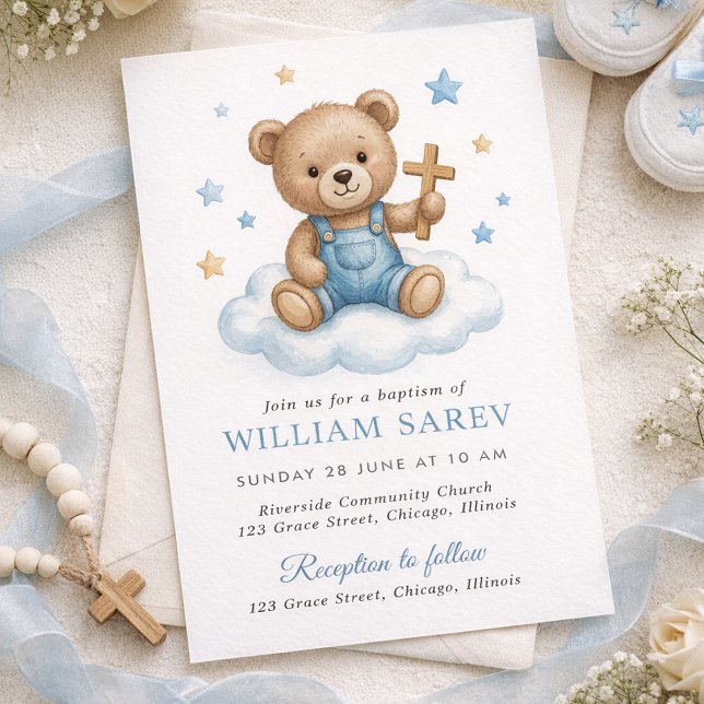 Söt Teddybjörn Dopdesign med Blå Stjärnor Inbjudningar (Boy Baptism Invitation with Teddy Bear, Cross and Blue Stars)