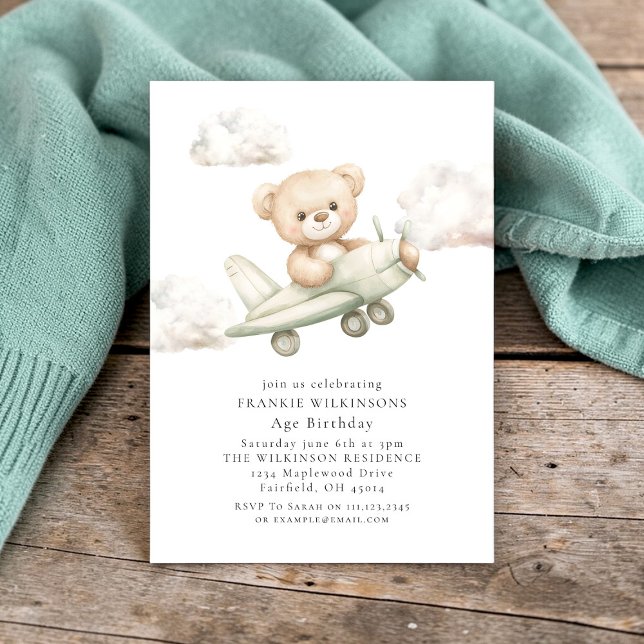 Söt Teddybjörn Flygplan Vattenfärg Födelsedag Inbjudningar (Skapare uppladdad)