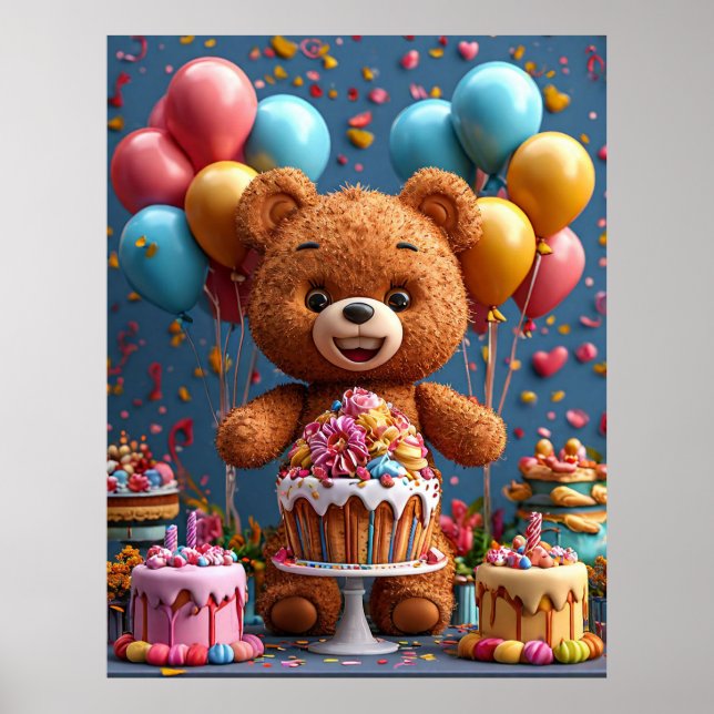 Söt teddybjörn födelsedagsfirande med tårta poster (Framsidan)