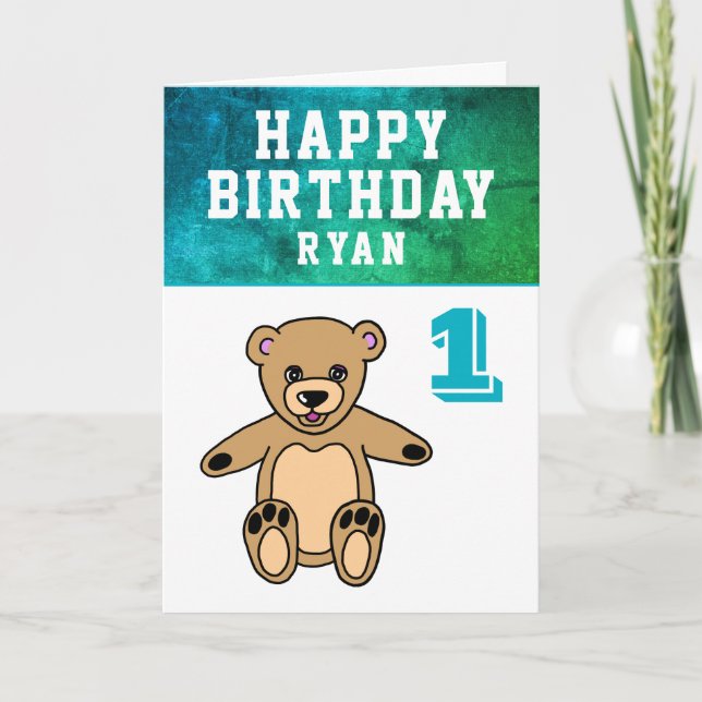 Söt teddybjörn foto pojke 1-årsdag  kort (Framsida)