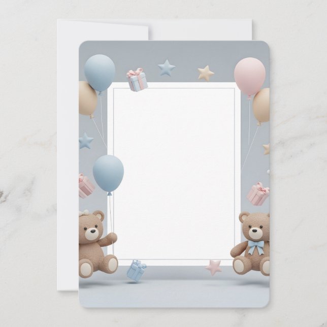 Söt teddybjörn fotofram - Blå & Rosa Baby Inbjudningar (Framsida)