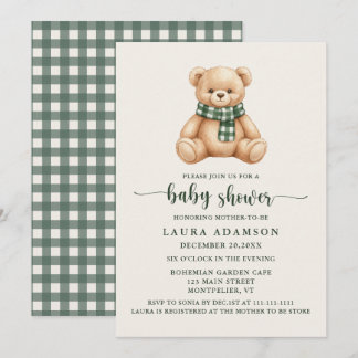 Söt teddybjörn Grön Gingham-rutig baby shower Inbjudningar