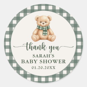 Söt Teddybjörn Grön Karoad Babyshower Tacksamhet Runt Klistermärke