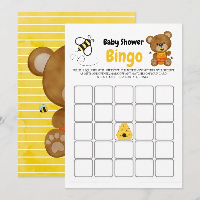 Söt Teddybjörn Honey Humla Baby Shower Bingo (Fram/baksida)