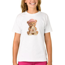Söt Teddybjörn Initial A Blommig Flickor T-Shirt