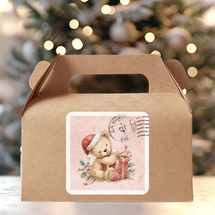 Söt teddybjörn julpresent vintage post fyrkantigt klistermärke