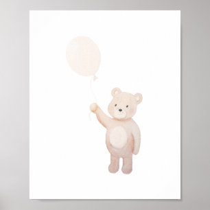 Söt teddybjörn med ballong akvarell barnkammare poster