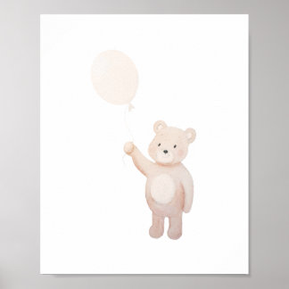 Söt teddybjörn med ballong akvarell barnkammare poster