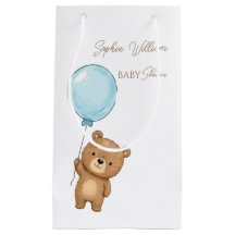 Söt teddybjörn med blå ballong pojke babyfirande