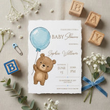 Söt teddybjörn med blå ballong pojke babyfirande
