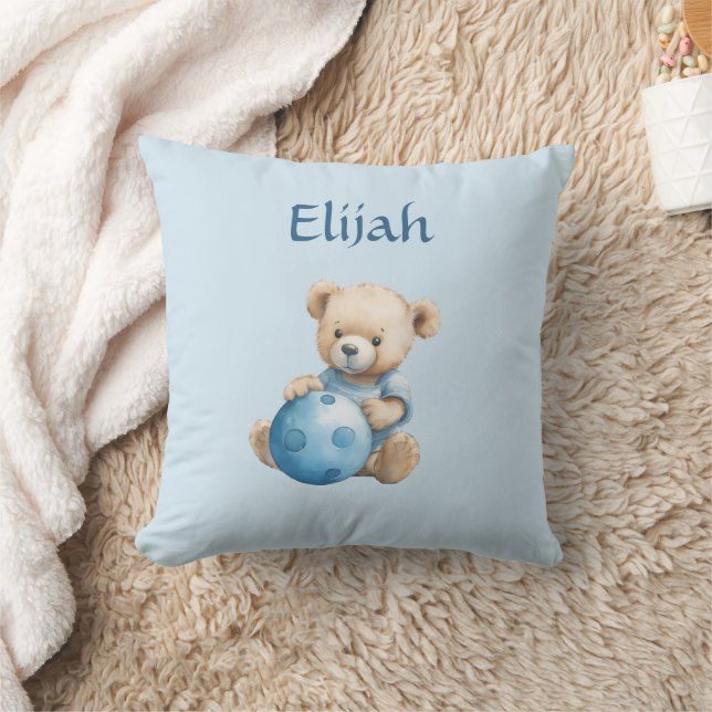 Söt teddybjörn med blå boll kudde (Filt)