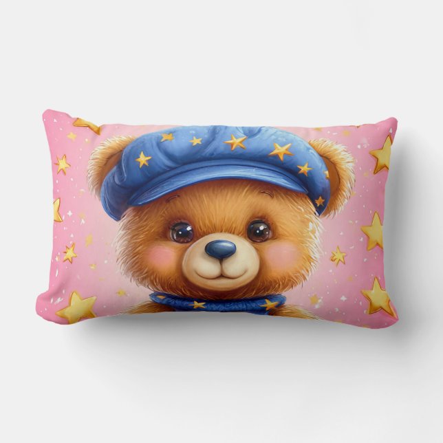 Söt teddybjörn med blå mössa lumbarkudde (Framsida)