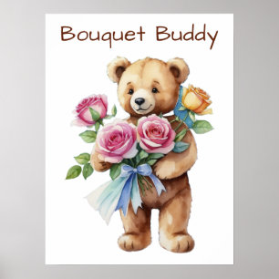 Söt Teddybjörn med blomsterbukett Affisch