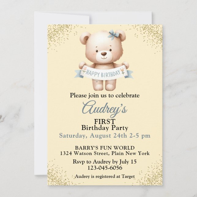 Söt teddybjörn med födelsedagsbanner inbjudningar (Framsida)