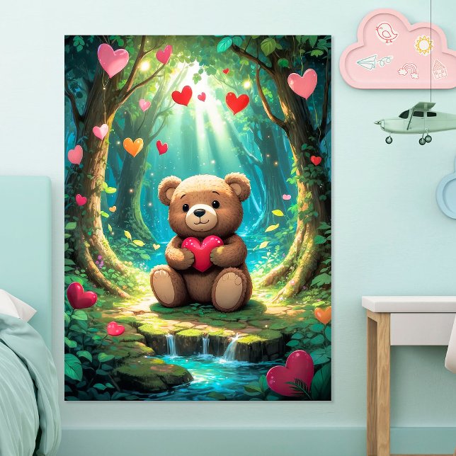Söt Teddybjörn med hjärta i skogsposter Poster (Skapare uppladdad)