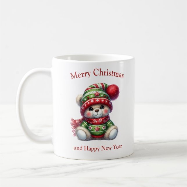 Söt teddybjörn med jultröja och hatt kaffemugg (Vänster)