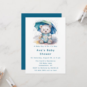 Söt teddybjörn med paraply pojke baby shower inbjudningar