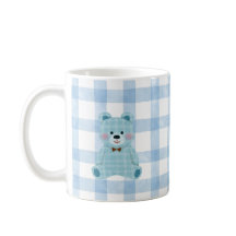 Söt Teddybjörn-mugg | Blå Gingham Kawaii-kopp