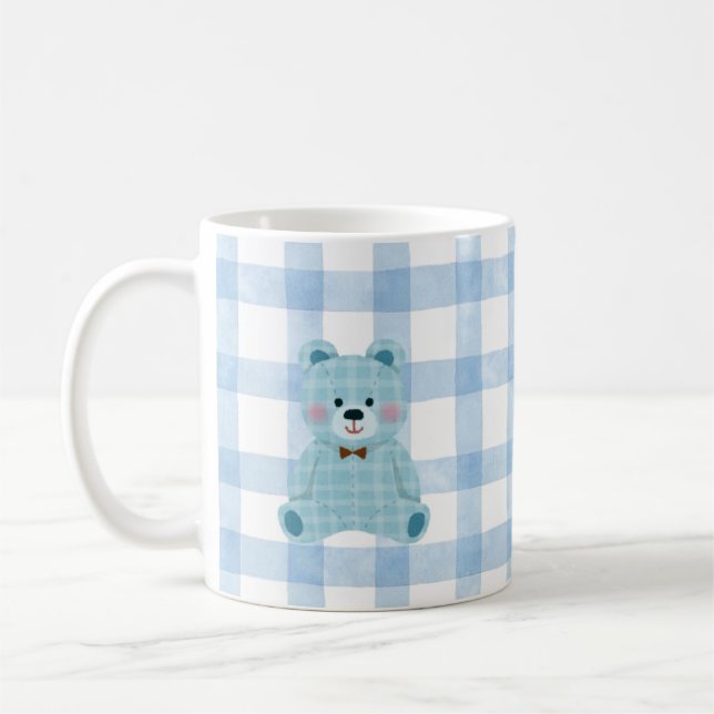 Söt Teddybjörn-mugg | Blå Gingham Kawaii-kopp Kaffemugg (Vänster)