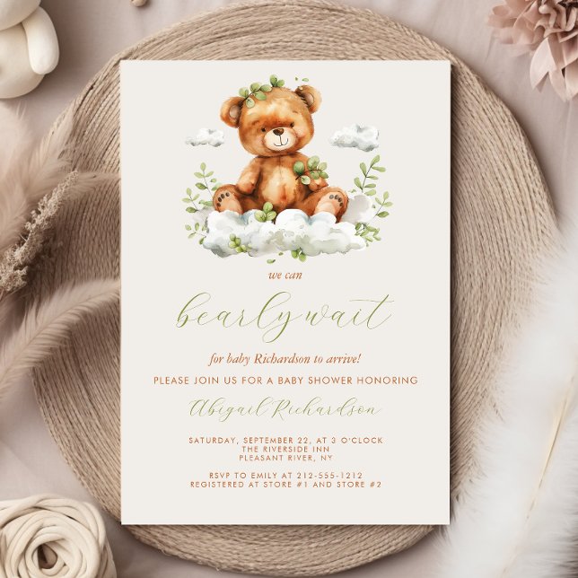 Söt teddybjörn Neutrala gröna blad Babykalas Inbjudningar (Skapare uppladdad)